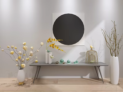 Contemporary Decorative Ornament Set on Console Table with Circular Black Painting Vases Flowers and Birdcage 3d model