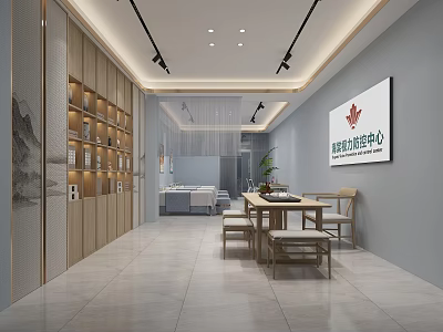 Modern SPA Sauna Interior With Wooden Shelves Massage Bed And Marble Floor 3d model