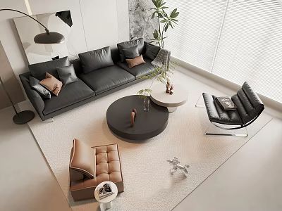 Modern Living Room Sofa Coffee Table Combination With Black Sofa Round Table And Brown Cushions 3d model