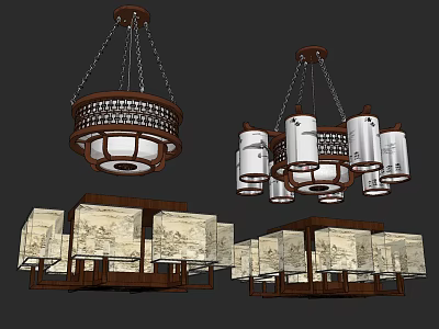 Chinese Style Lighting Combinations With Wooden Frames And Patterned Fabric Hanging Lamps 3d model