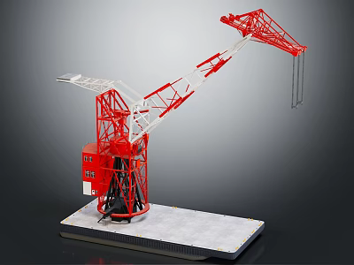 Red And White Crane Model With Engineering Equipment Replica On Platform 3d model