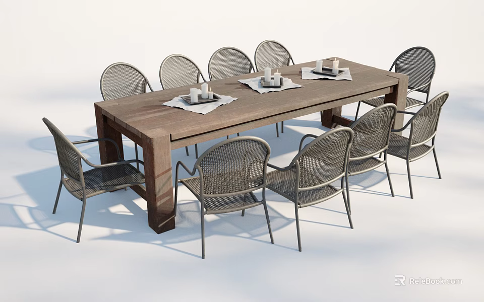 Wooden Outdoor Table With Rattan Chairs And Table Settings For Garden Gathering 3d model 