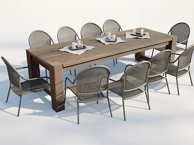 Wooden Outdoor Table With Rattan Chairs And Table Settings For Garden Gathering 3d model