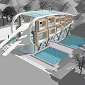 Modern Architectural Design With Glass Roof Geometric Facade Pool And Surrounding Trees