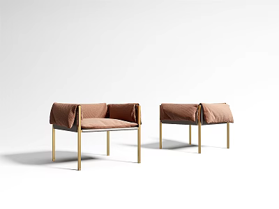 Pair Of Brown Leisure Chairs With Golden Metal Legs And Soft Padded Design 3d model