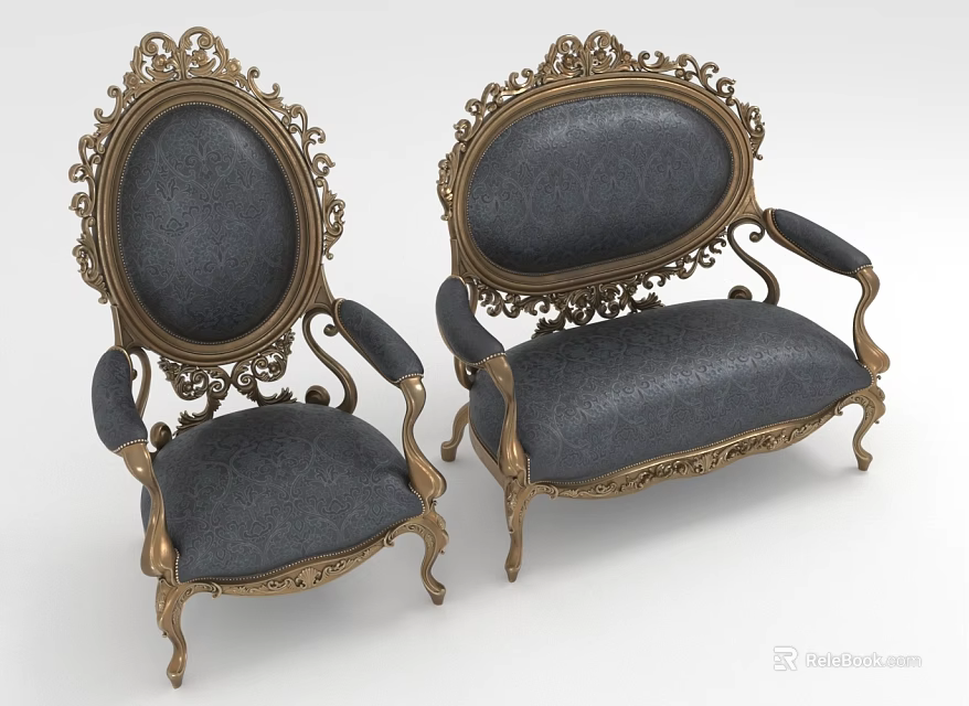 Classic Ornate Chairs with Gold Carved Frames and Dark Upholstered Seats 3d model 