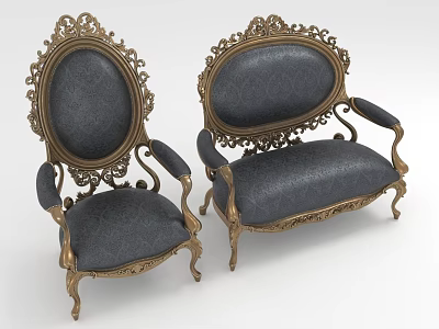 Classic Ornate Chairs with Gold Carved Frames and Dark Upholstered Seats 3d model