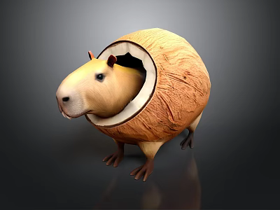Cute Little Adorable Capybara Peeking Out From Hollowed Coconut Shell Craft 3d model