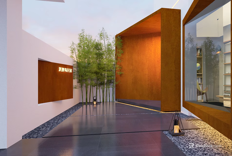 Stylish Modern Courtyard With Bamboo Trees Wooden Panel And Stone Floor 3d model 