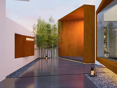 Stylish Modern Courtyard With Bamboo Trees Wooden Panel And Stone Floor 3d model