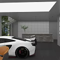 Car Dealership Interior With Luxury Sports Cars Display Wall And Lounge Area