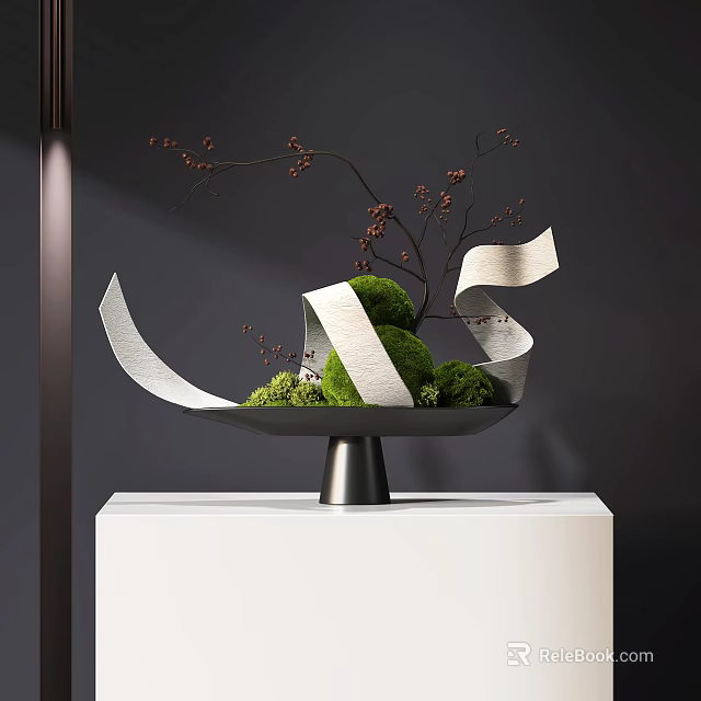 Floral Arrangement with Moss Balls Silver Ribbons Brown Twigs on Metal Tray White Cube Pedestal 3d model 