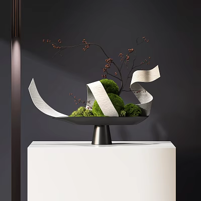 Floral Arrangement with Moss Balls Silver Ribbons Brown Twigs on Metal Tray White Cube Pedestal 3d model