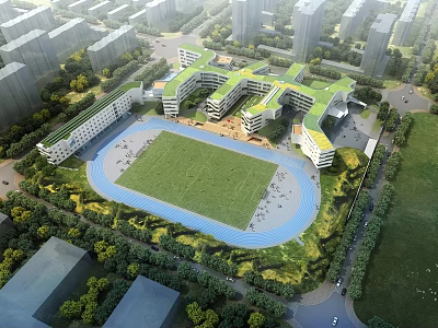 Modern School Campus Buildings With Green Roofs Track And Field Surrounded By Trees 3d model