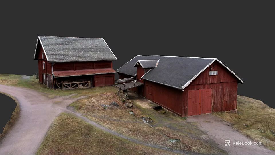 Rustic Garden Landscape With Red Barn Buildings Stone Path And Green Grass Area 3d model 