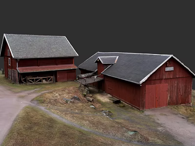 Rustic Garden Landscape With Red Barn Buildings Stone Path And Green Grass Area 3d model