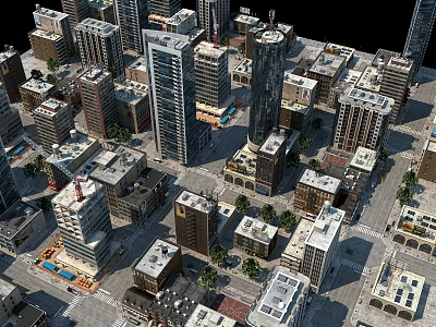 Modern Urban City Buildings With High Rise Structures And Tree Lined Streets 3d model