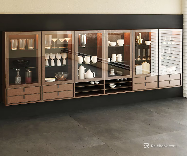 Modern Wine Cabinet With Glass Doors Shelves Drawers And Dinnerware 3d model 