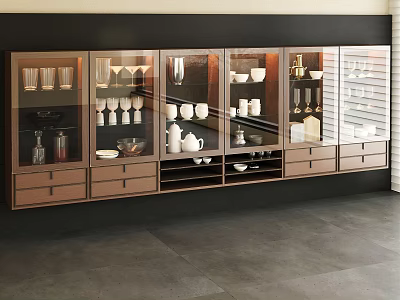 Modern Wine Cabinet With Glass Doors Shelves Drawers And Dinnerware 3d model