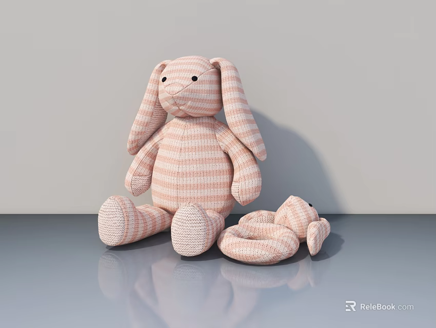 Pink Striped Stuffed Rabbit Toy With Long Ears And Small Companion On Reflective Gray Surface 3d model 