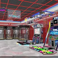 Spacious Arcade Featuring Neon Lights Game Machines Dance Machines Red Decor And Blue Lighting