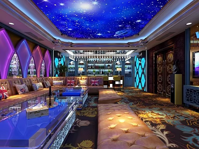 Luxurious KTV Lounge Interior Design With Starry Sky Ceiling Comfortable Sofa And Colorful Lighting Decor 3d model