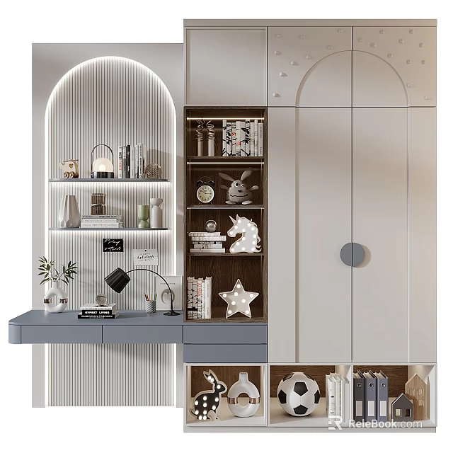 Modern Wardrobe Interior Design With Bookcase Desk And Decorative Items 3d model 
