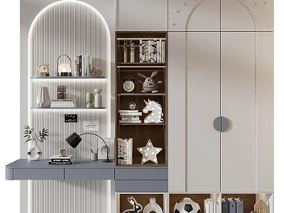 Modern Wardrobe Interior Design With Bookcase Desk And Decorative Items 3d model