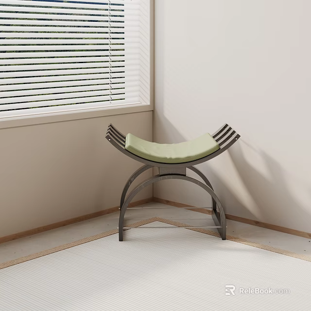 Modern Stool With Light Green Seat And Curved Metal Frame In Corner Near Window Blinds 3d model 
