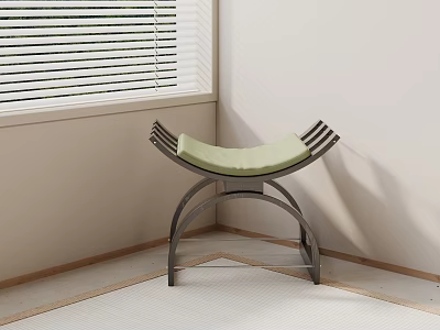 Modern Stool With Light Green Seat And Curved Metal Frame In Corner Near Window Blinds 3d model