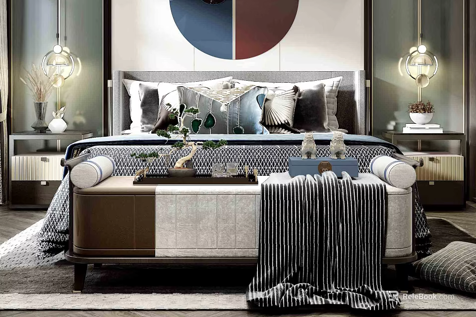 Modern Double Bed With Multiple Pillows Decorative Cushions Bedside Lamps And Green Plants 3d model 