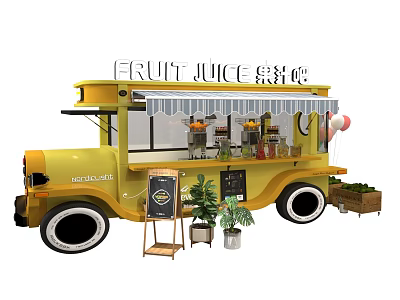 Yellow Fruit Juice Shop Food Truck With Juice Appliances Chalkboard Menu And Potted Plants 3d model