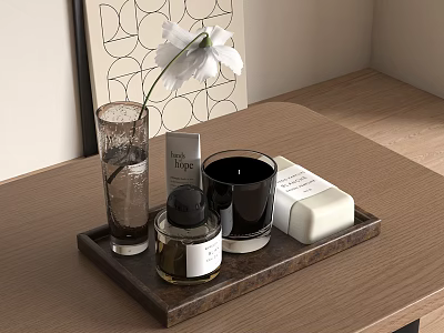 Elegant Decorative Ornament Set With Glass Cup Flower Black Candle White Soap On Wooden Tray For Modern Home Decor 3d model