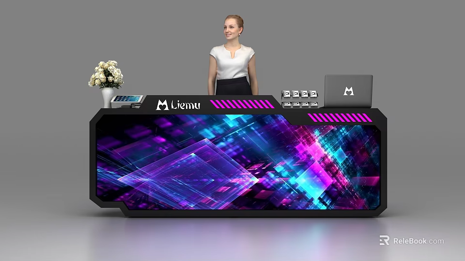Modern Reception Desk With Colorful Geometric Patterns Lenuu Logo Laptop And White Flower Vase 3d model 