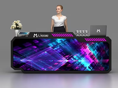 Modern Reception Desk With Colorful Geometric Patterns Lenuu Logo Laptop And White Flower Vase 3d model