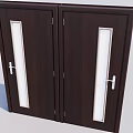 Dark Brown Double Security Door With Long Rectangular Glass Panels And Silver Handles 3d model