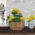 Wooden Table With Wicker Basket Yellow Flowers Blue White Vase Gray Wall Chrysanthemum Painting