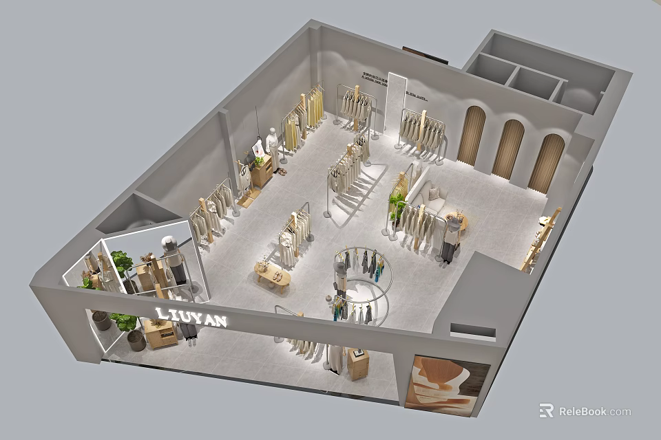 LITVAN Clothing Store Interior Design With Display Racks Clothes And Green Plants 3d model 