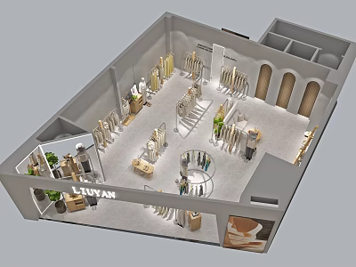 LITVAN Clothing Store Interior Design With Display Racks Clothes And Green Plants 3d model