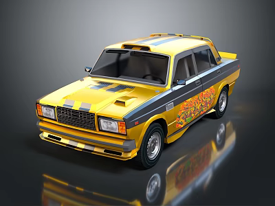Vintage Yellow Taxi with Colorful Graphics and Striped Design on Dark Background 3d model