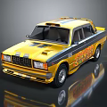 Vintage Yellow Taxi with Colorful Graphics and Striped Design on Dark Background