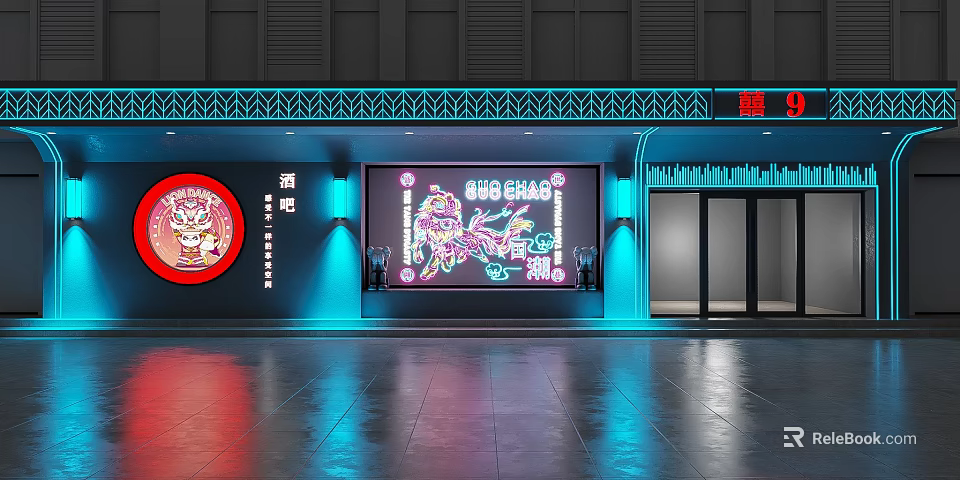 Modern Stylish Bar Exterior With Neon Signage Blue Lighting And Decorative Entrance 3d model 