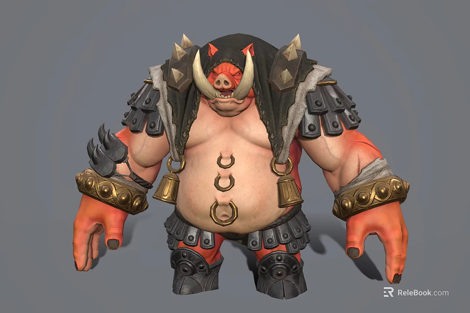 Mythical Pig Warrior Character With Spiked Armor Bells Horns And Braided Hair 3d model 