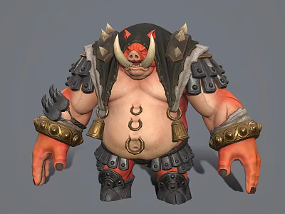 Mythical Pig Warrior Character With Spiked Armor Bells Horns And Braided Hair 3d model