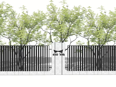 Outdoor Landscape Wall With Black Vertical Slats Stone Pillars And Green Trees 3d model