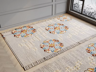 Light Gray Square Rug With Colorful Floral Patterns And Tassel Edges On Wooden Floor 3d model