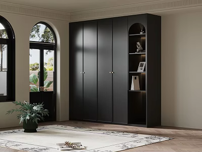 Modern Room Interior With Black Wardrobe Open Shelves Arched Windows Rug And Plant 3d model