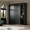 Modern Room Interior With Black Wardrobe Open Shelves Arched Windows Rug And Plant