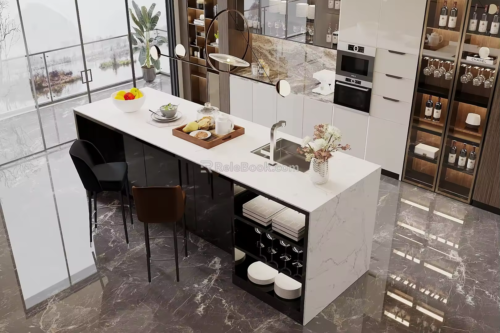 Cream Style Restaurant Middle Island Table and Chair Combination Sideboard Open Kitchen Chandelier Refrigerator Drinking Machine 3d model