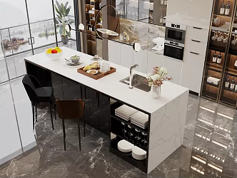 Cream Style Restaurant Middle Island Table and Chair Combination Sideboard Open Kitchen Chandelier Refrigerator Drinking Machine 3d model
